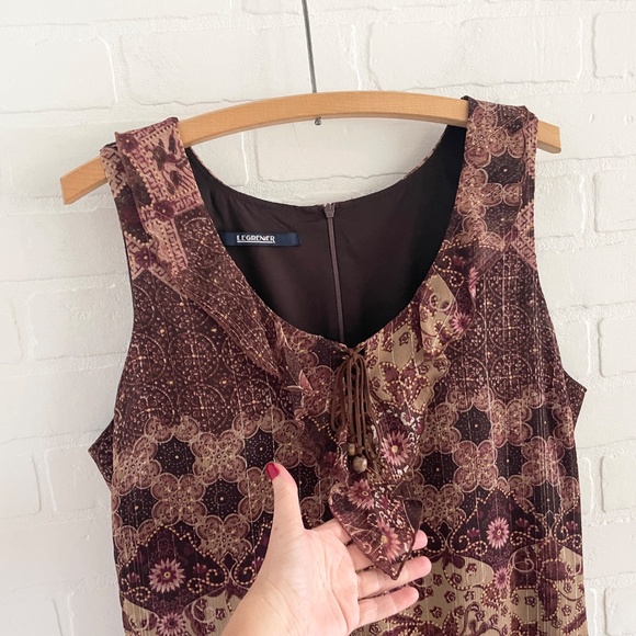 Vintage Y2K 90s midi dress Tiered Boho Burgundy Metallic Mixed print Sz 15 - Picture 3 of 15